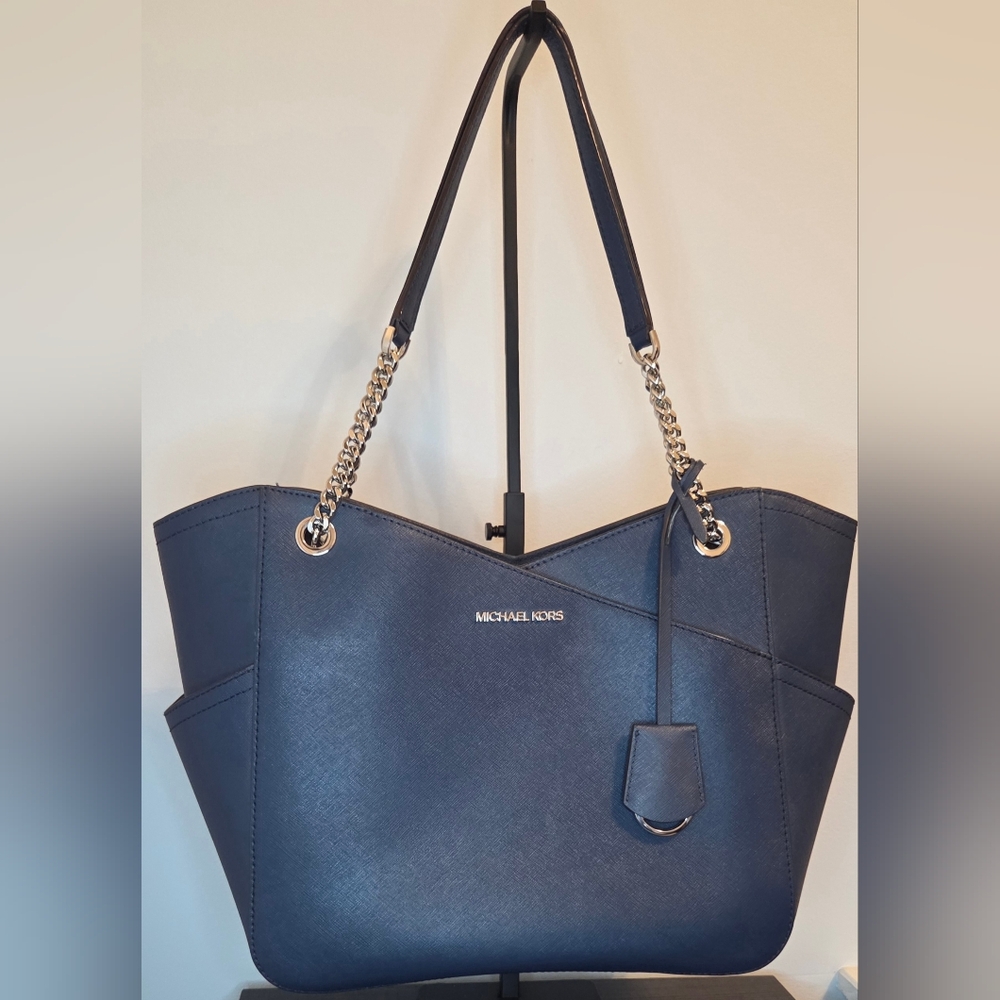 Michael Kors Jet Set Medium Chain Tote Navy Saffiano Leather Shoulder Bag